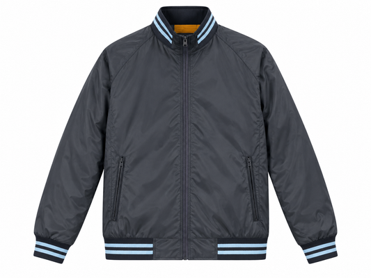 Men’s Blue Varsity Bomber Jacket with White Striped Ribbing – Full-Zip Jacket