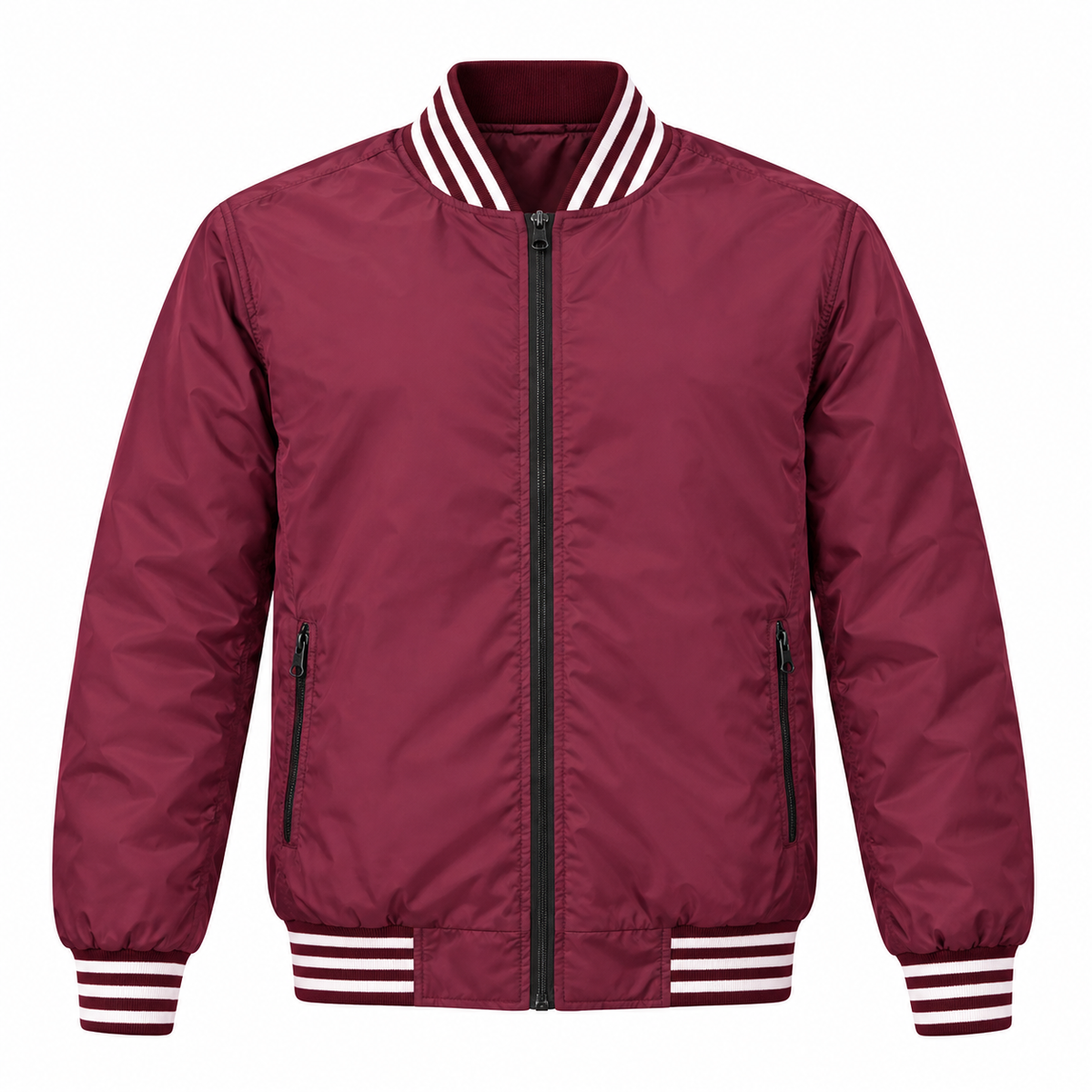 Men’s Maroon Varsity Bomber Jacket with White Striped Ribbing – Full-Zip Jacket