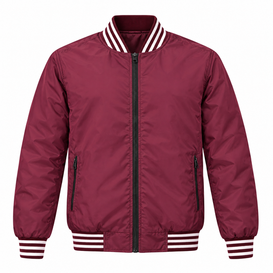 Men’s Maroon Varsity Bomber Jacket with White Striped Ribbing – Full-Zip Jacket