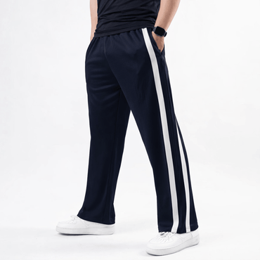 Navy Wide Leg Trouser with Bold White Stripes