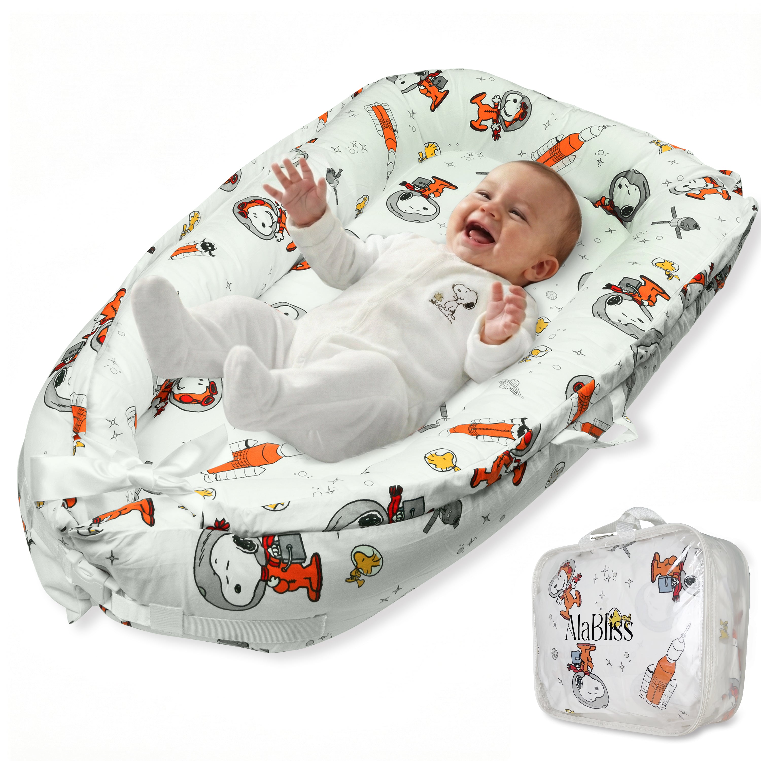 Baby Lounger for Newborn 0–24 Months – 100% Breathable Cotton Infant Nest, Portable Floor Seat for Tummy Time & Play, Adjustable Design, Snoopy Space Print