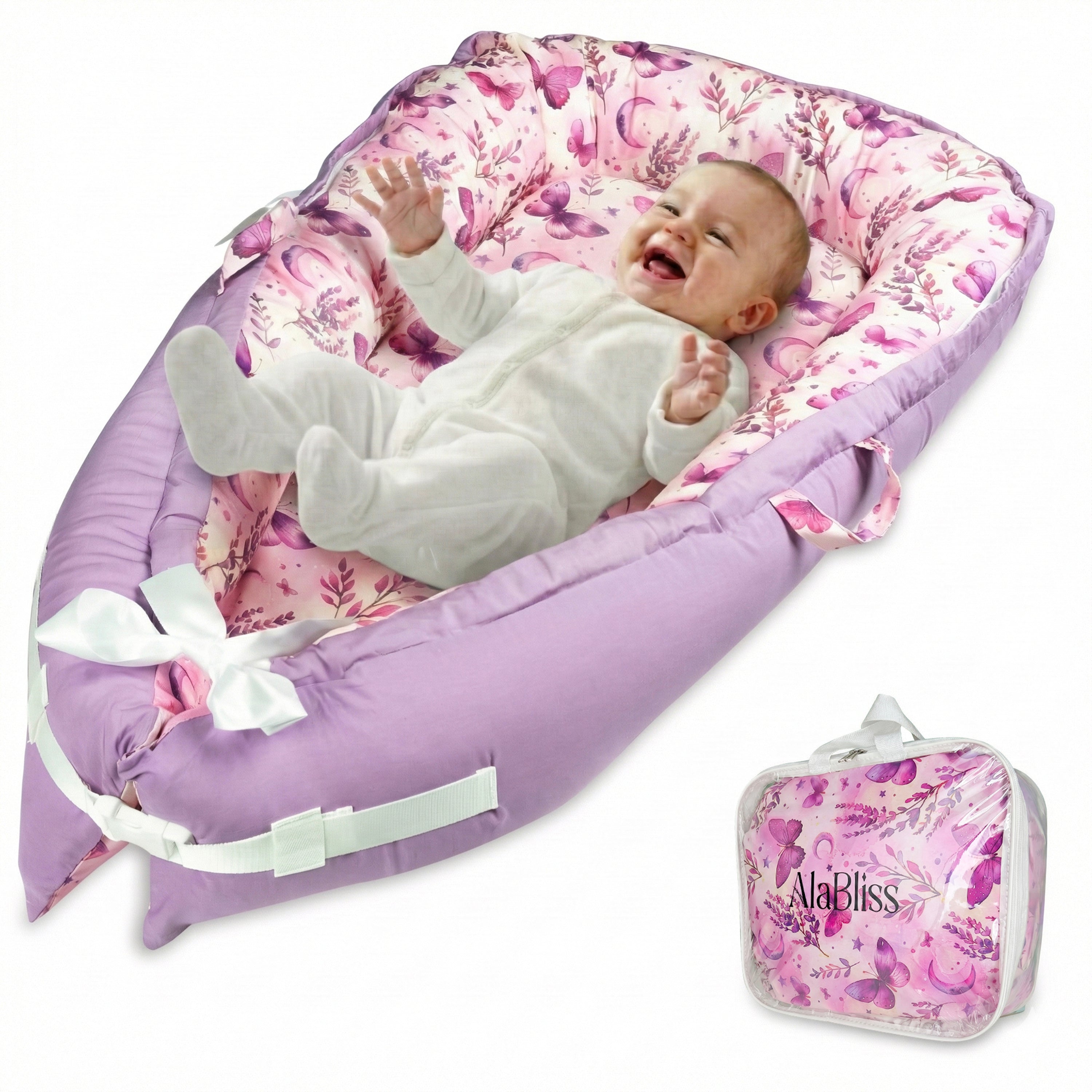 Baby Lounger for Newborn 0–24 Months – 100% Breathable Cotton Infant Nest, Portable Floor Seat for Tummy Time & Play, Adjustable Design, Purple Butterfly Print