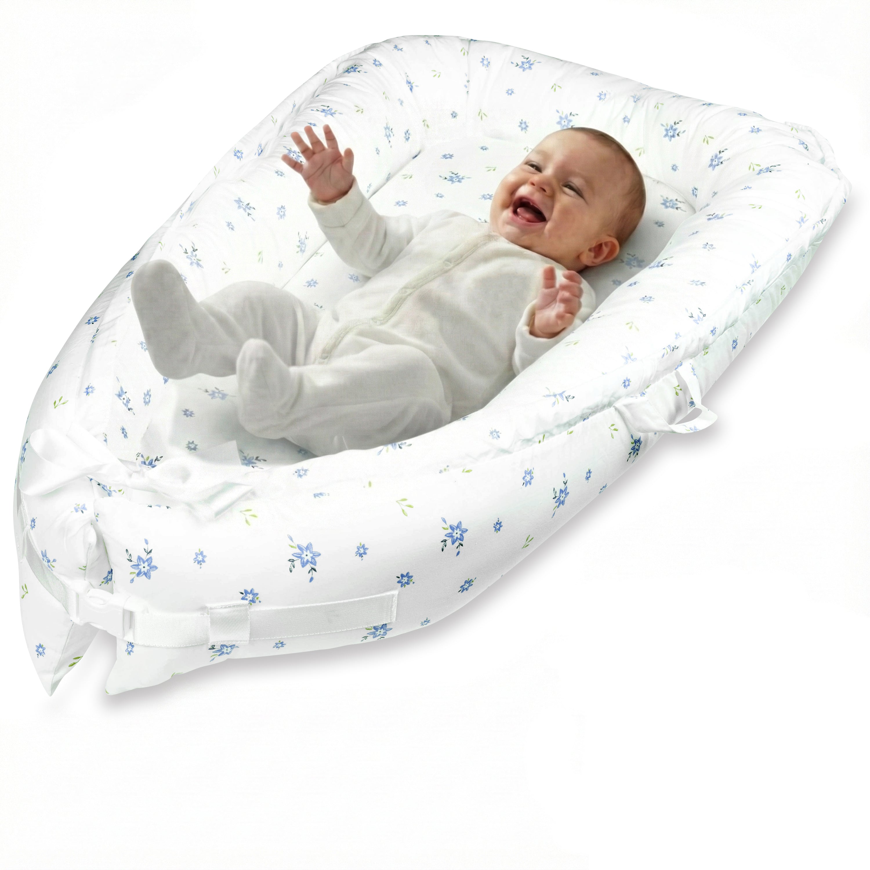 Baby Lounger for Newborn 0–24 Months – 100% Breathable Cotton Infant Nest, Portable Floor Seat for Tummy Time & Play, Adjustable Design, Blue Floral Print
