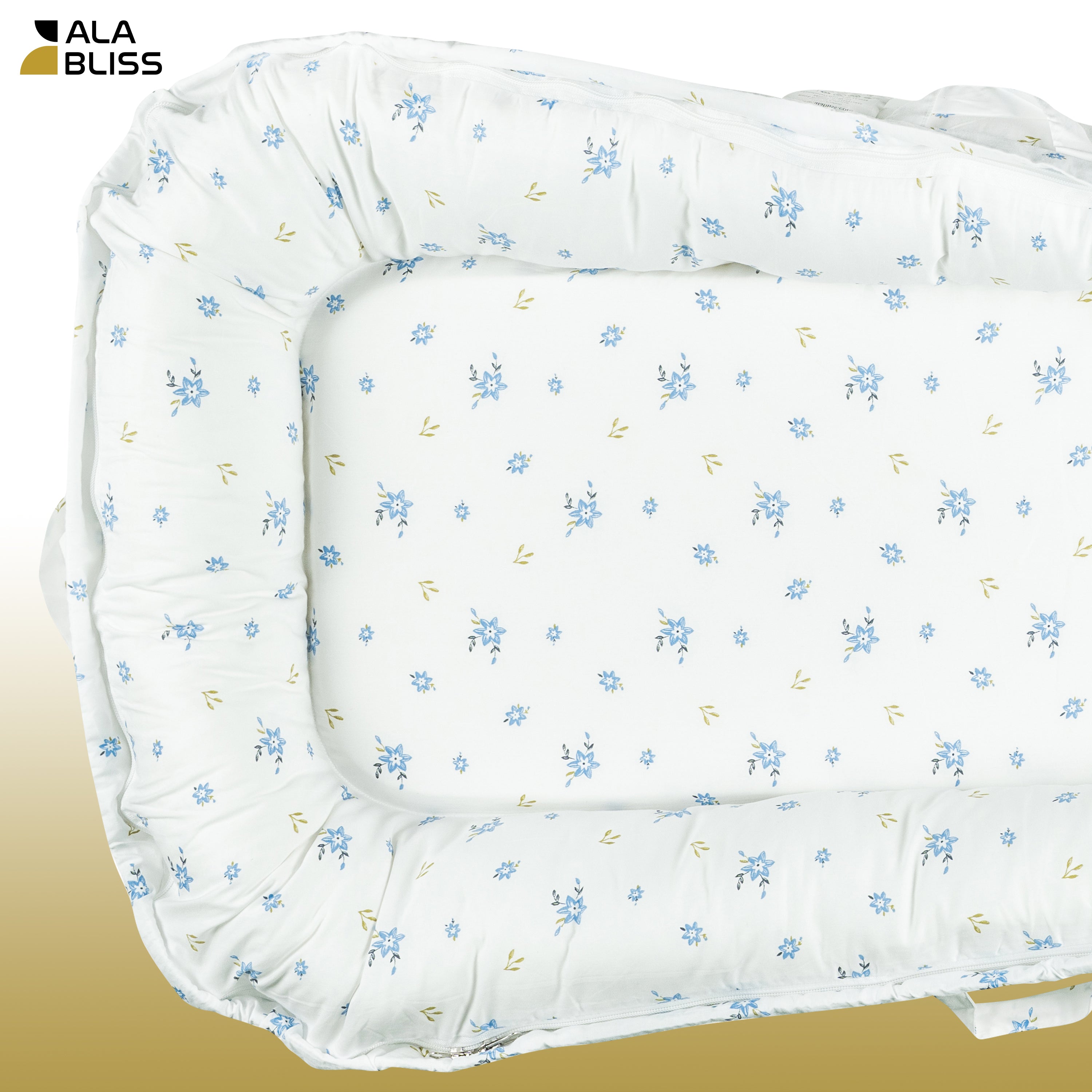 Baby Lounger for Newborn 0–24 Months – 100% Breathable Cotton Infant Nest, Portable Floor Seat for Tummy Time & Play, Adjustable Design, Blue Floral Print