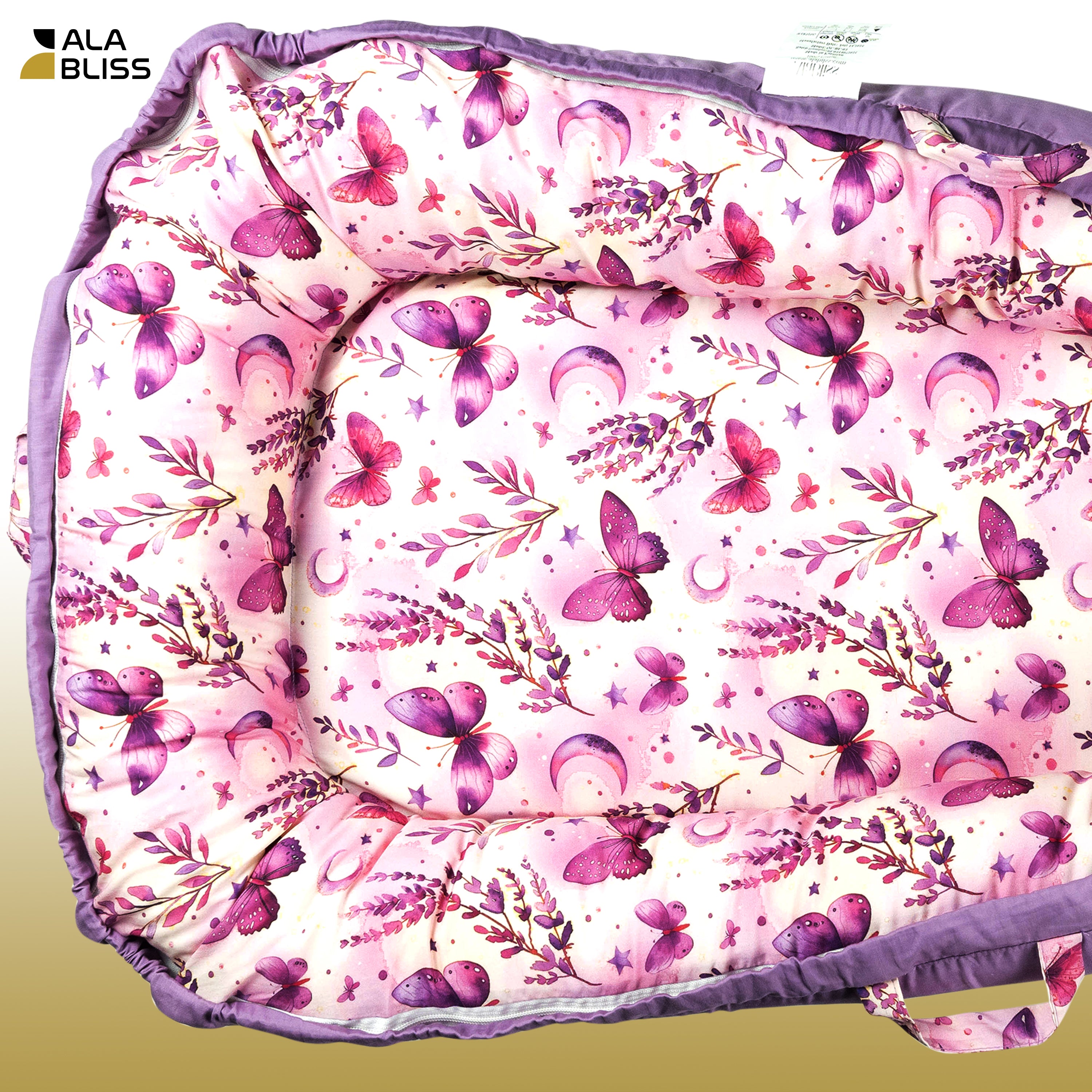 Baby Lounger for Newborn 0–24 Months – 100% Breathable Cotton Infant Nest, Portable Floor Seat for Tummy Time & Play, Adjustable Design, Purple Butterfly Print