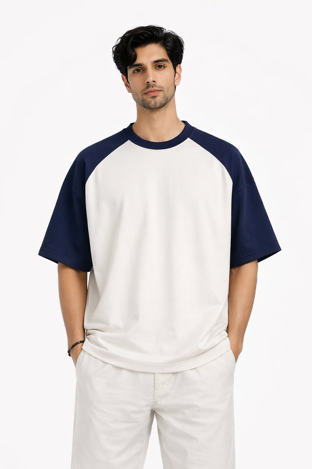 Men's Oversized Contrast Sleeve T-Shirt – White & Navy Streetwear