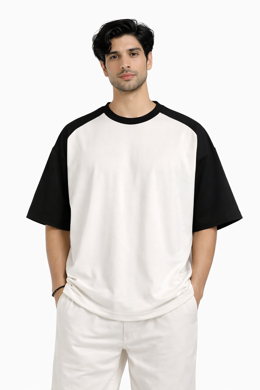 Men's Oversized Contrast Sleeve T-Shirt – White & Black Streetwear