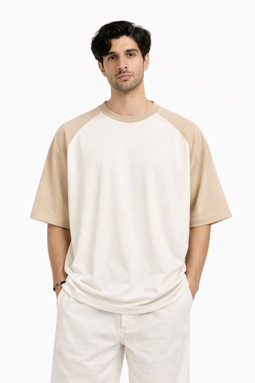 Men's Oversized Contrast Sleeve T-Shirt – White & Beige Streetwear