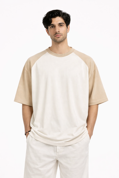 Men's Oversized Contrast Sleeve T-Shirt – Offwhite & Beige Streetwear