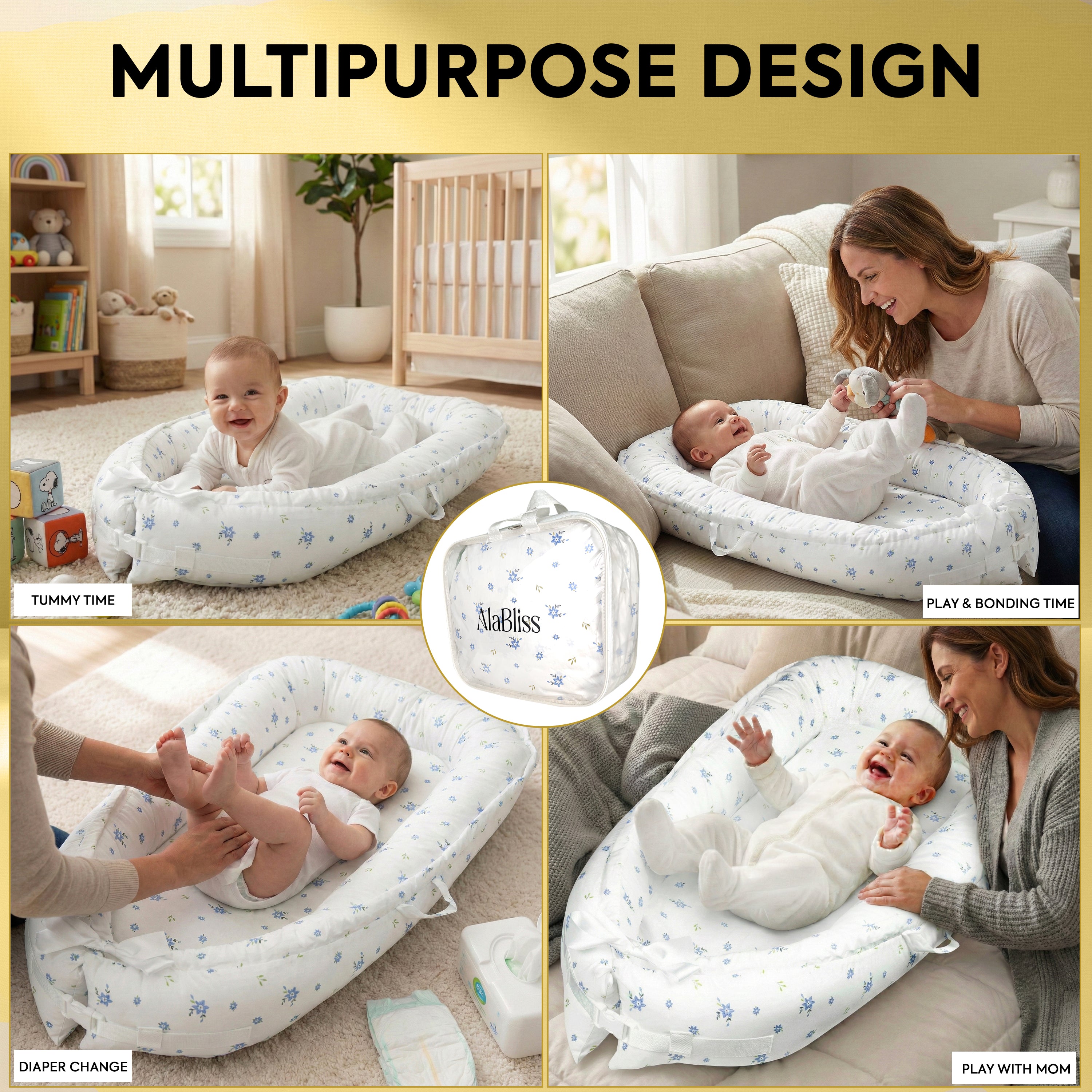 Baby Lounger for Newborn 0–24 Months – 100% Breathable Cotton Infant Nest, Portable Floor Seat for Tummy Time & Play, Adjustable Design, Blue Floral Print
