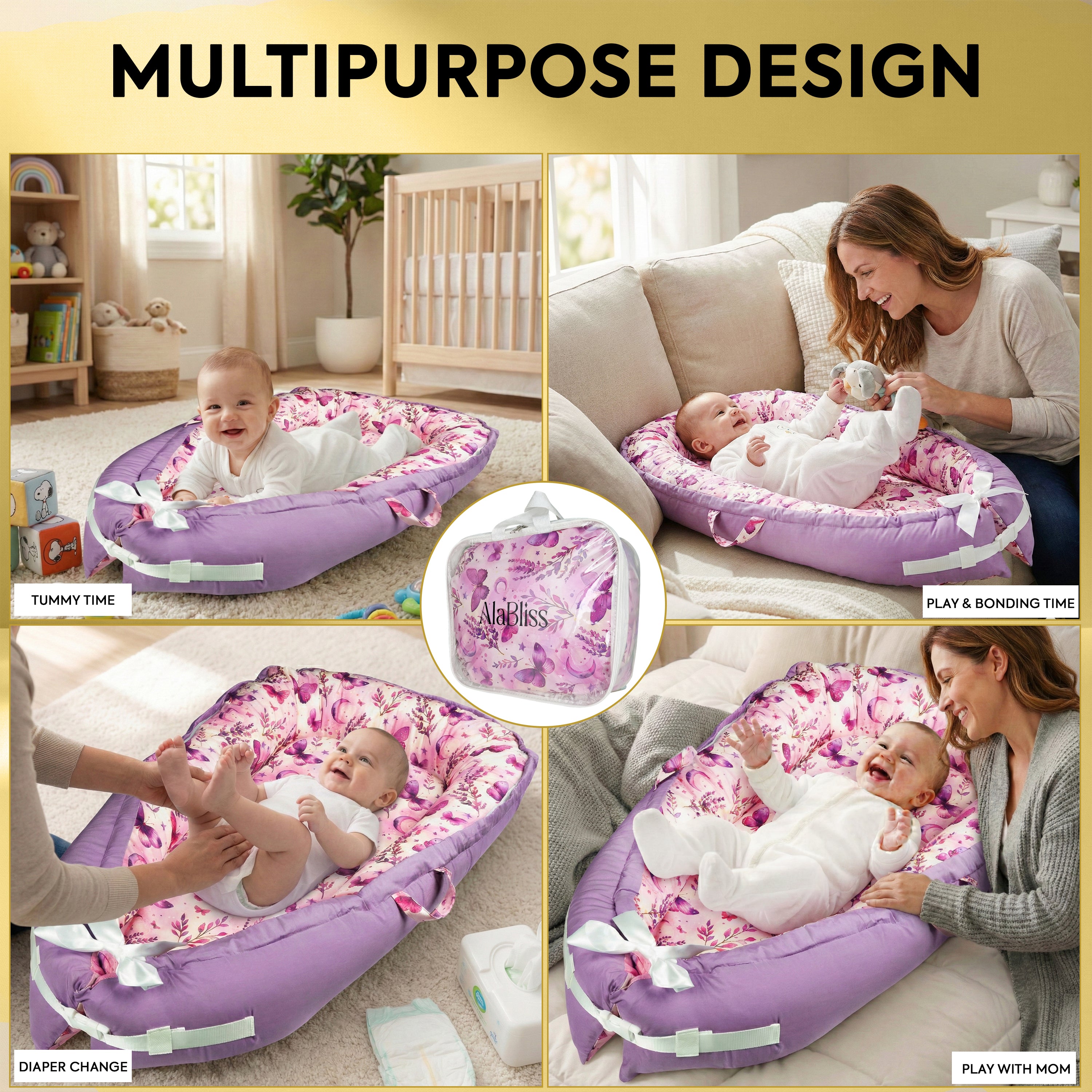 Baby Lounger for Newborn 0–24 Months – 100% Breathable Cotton Infant Nest, Portable Floor Seat for Tummy Time & Play, Adjustable Design, Purple Butterfly Print