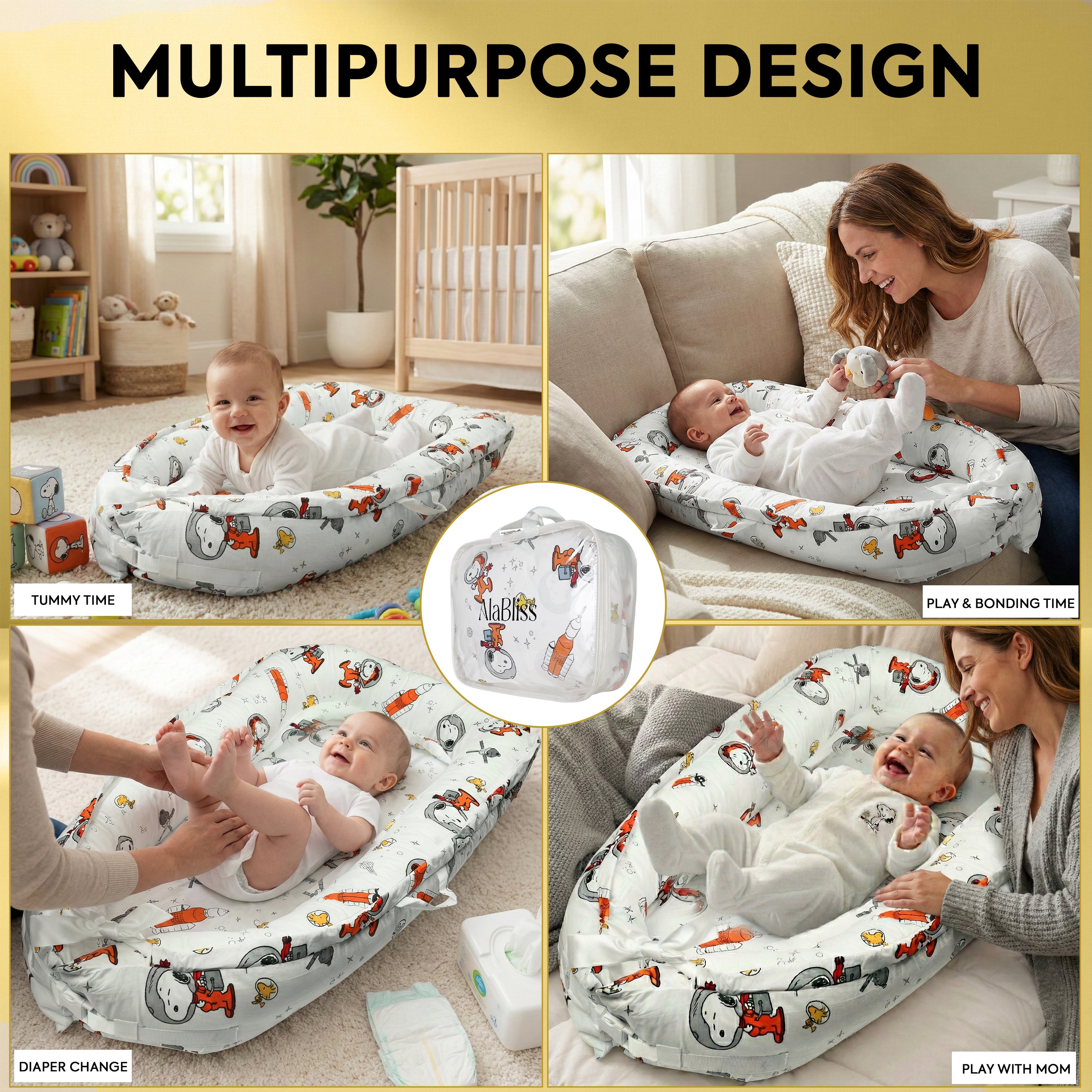 Baby Lounger for Newborn 0–24 Months – 100% Breathable Cotton Infant Nest, Portable Floor Seat for Tummy Time & Play, Adjustable Design, Snoopy Space Print