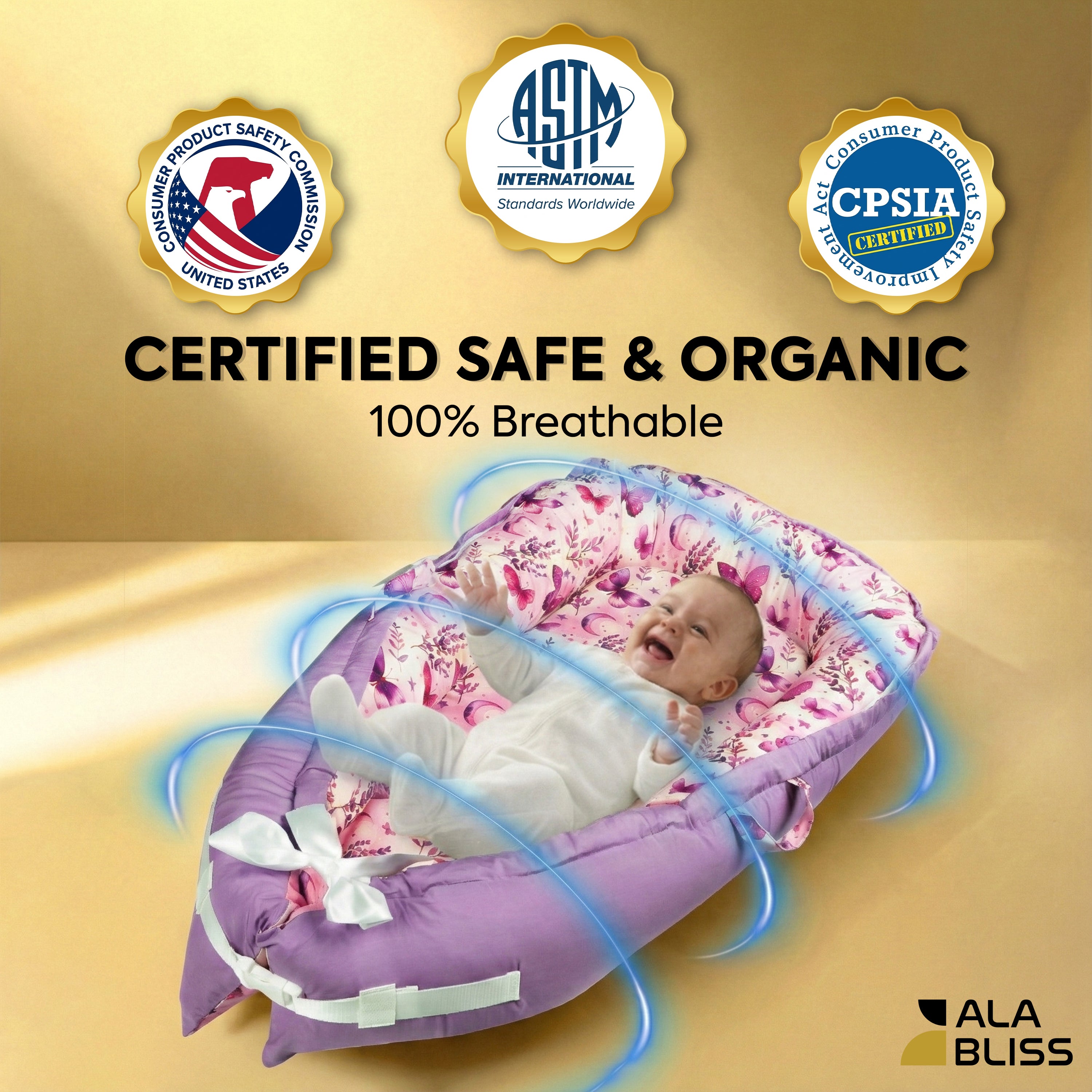 Baby Lounger for Newborn 0–24 Months – 100% Breathable Cotton Infant Nest, Portable Floor Seat for Tummy Time & Play, Adjustable Design, Purple Butterfly Print