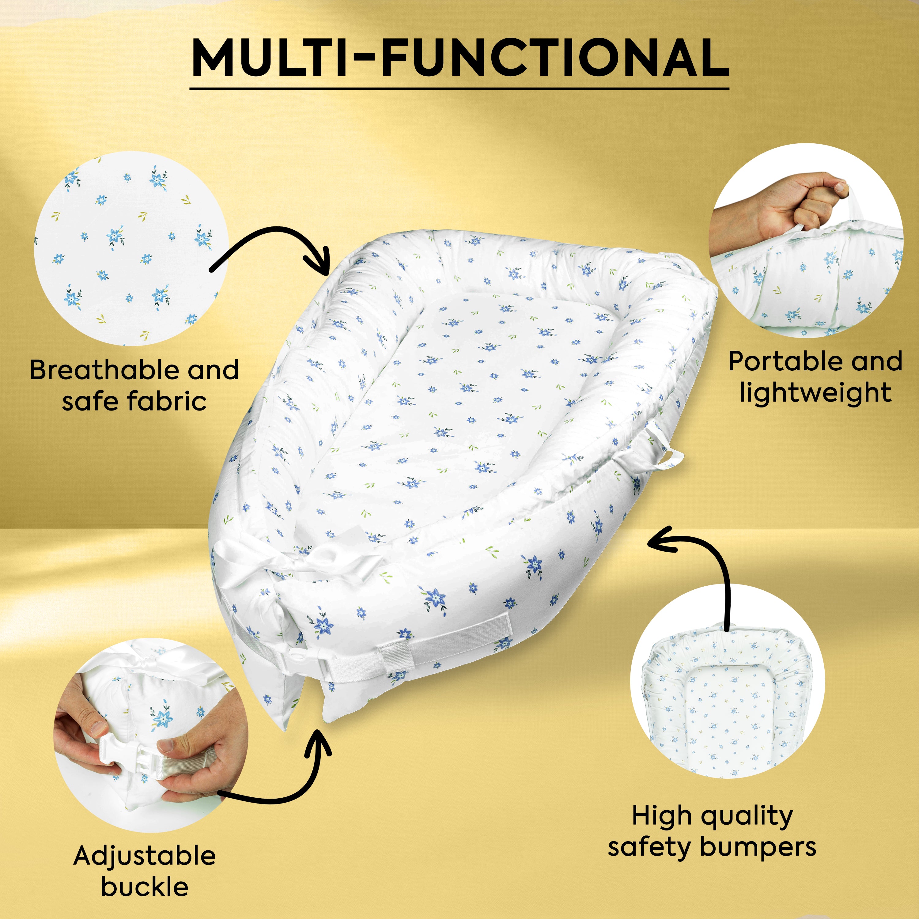 Baby Lounger for Newborn 0–24 Months – 100% Breathable Cotton Infant Nest, Portable Floor Seat for Tummy Time & Play, Adjustable Design, Blue Floral Print