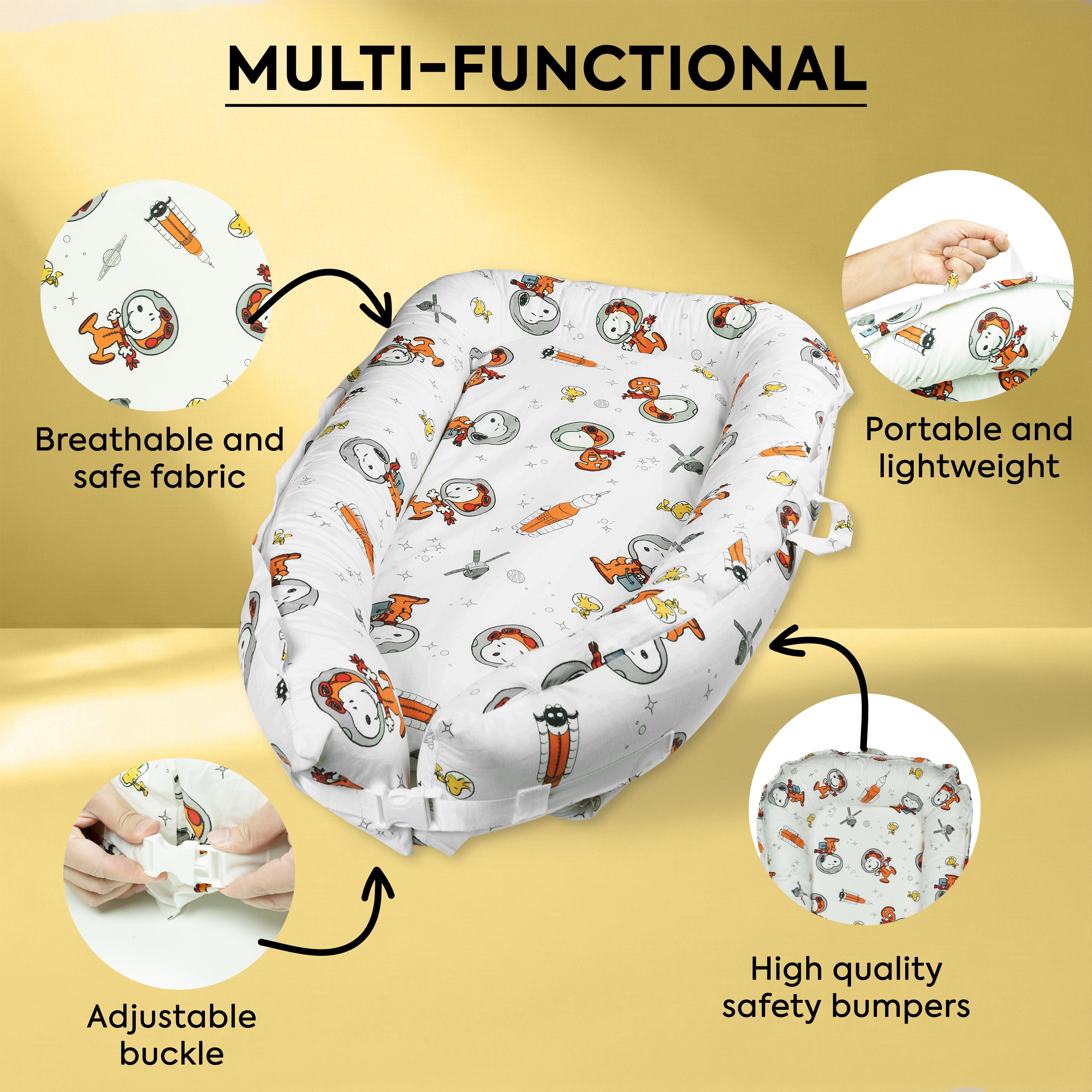 Baby Lounger for Newborn 0–24 Months – 100% Breathable Cotton Infant Nest, Portable Floor Seat for Tummy Time & Play, Adjustable Design, Snoopy Space Print
