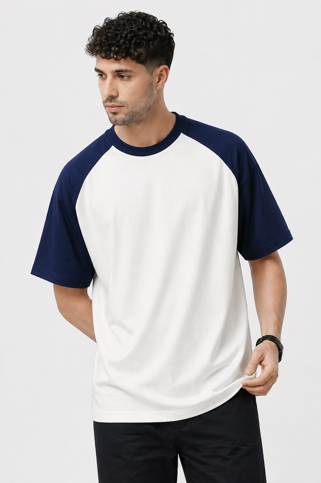 Men's Oversized Contrast Sleeve T-Shirt – Offwhite & Navy Streetwear