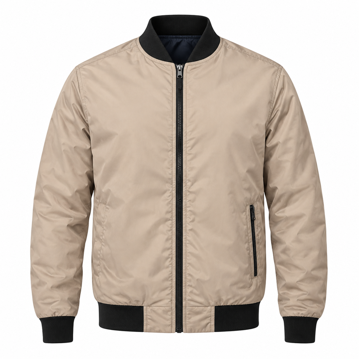 Men’s Beige Bomber Jacket with Black Zip – Lightweight Casual Windbreaker