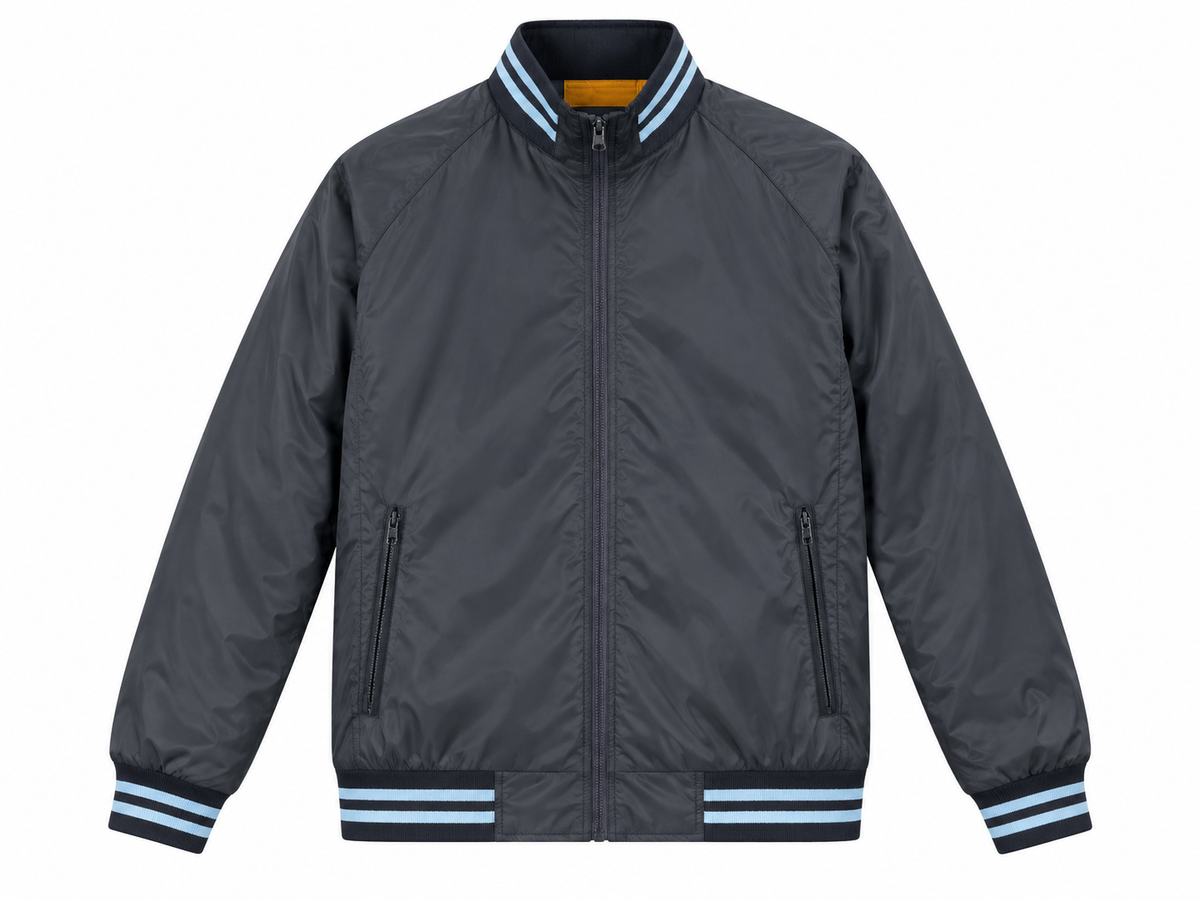 Men’s Blue Varsity Bomber Jacket with White Striped Ribbing – Full-Zip Jacket
