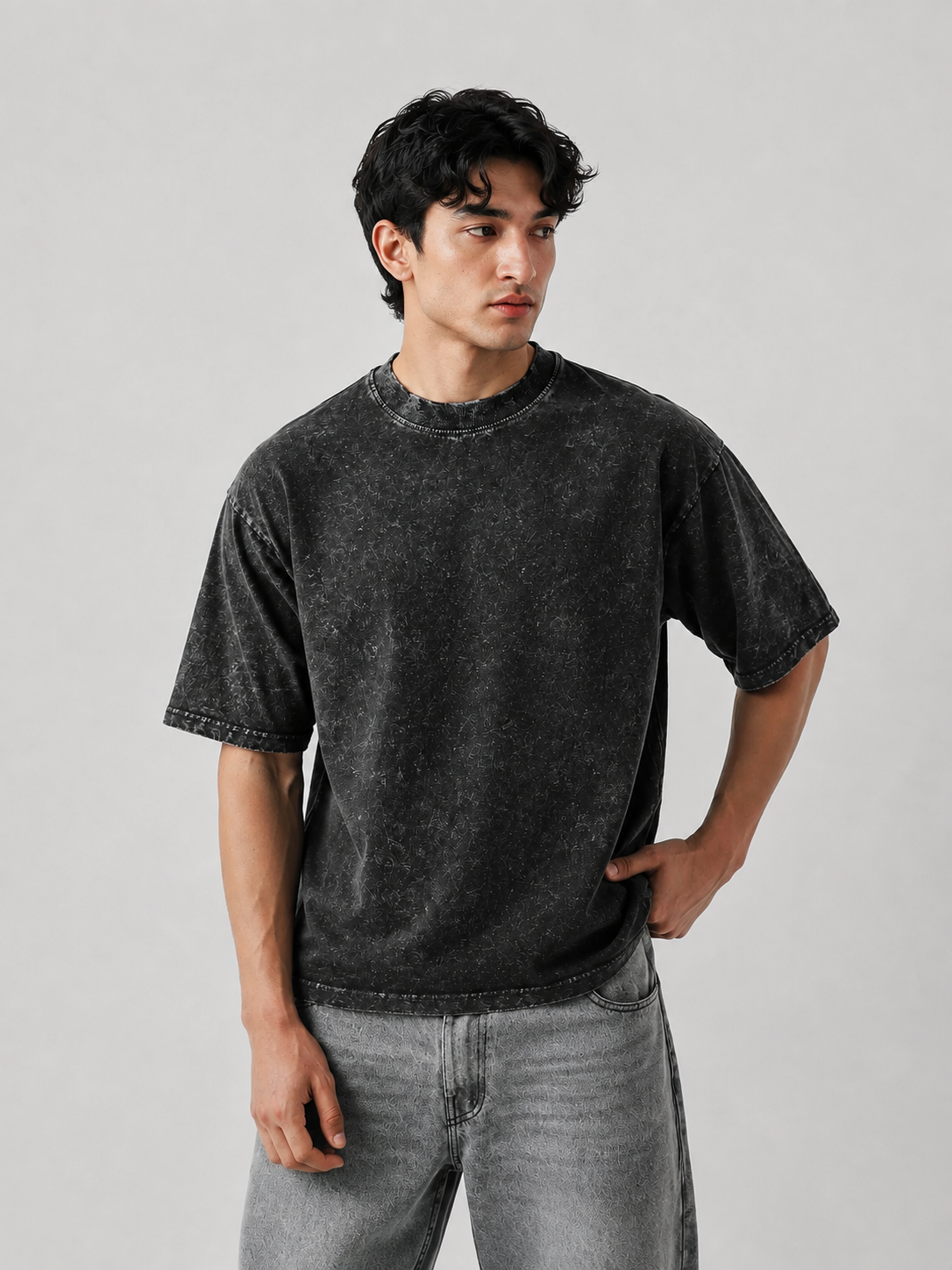 Oversized Black Acid-Wash T-Shirt – 220 GSM Premium Cotton