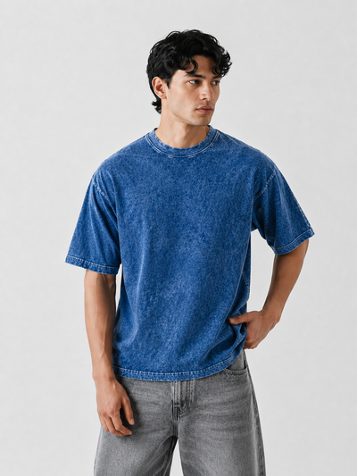 Oversized Blue Acid-Wash T-Shirt – 220 GSM Premium Cotton