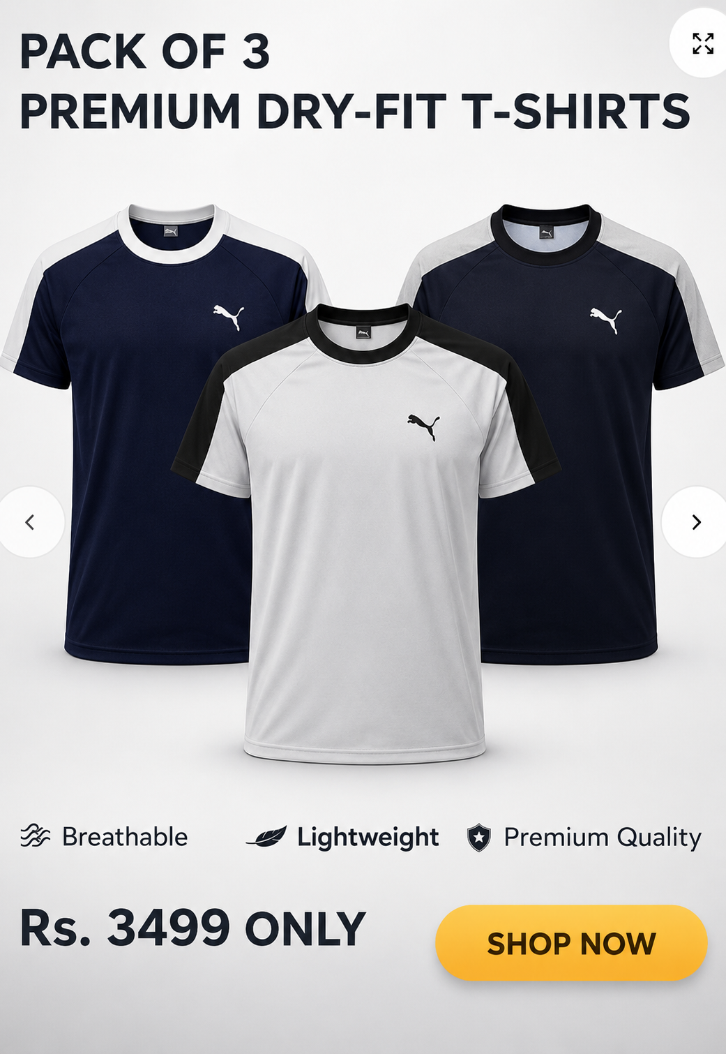 Puma Pack of 3 Premium Dry-Fit T-Shirts for Men | Breathable Gym & Sports Activewear Bundle | Quick Dry Workout Shirts