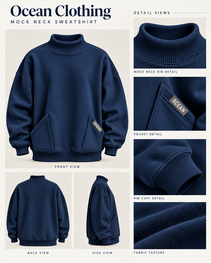 Premium Mock Neck Sweatshirt Cotton Fleece– Navy Blue