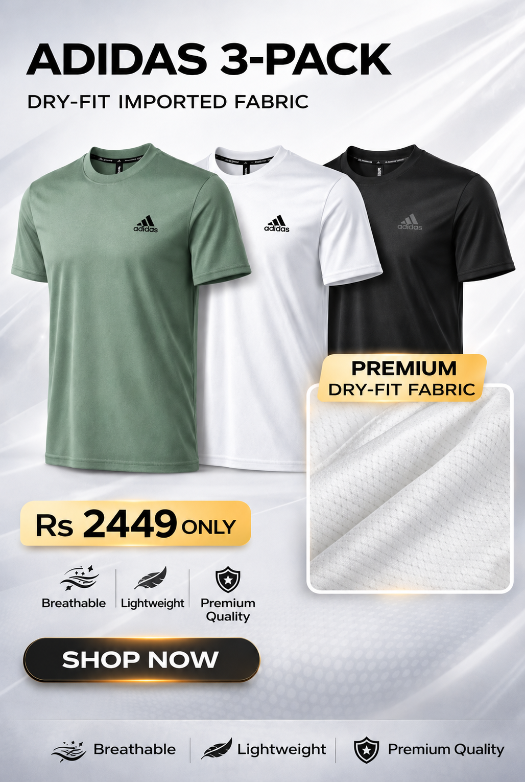 Men’s Adidas 3-Pack Tees – Imported Dry-Fit Fabric | Breathable Comfort