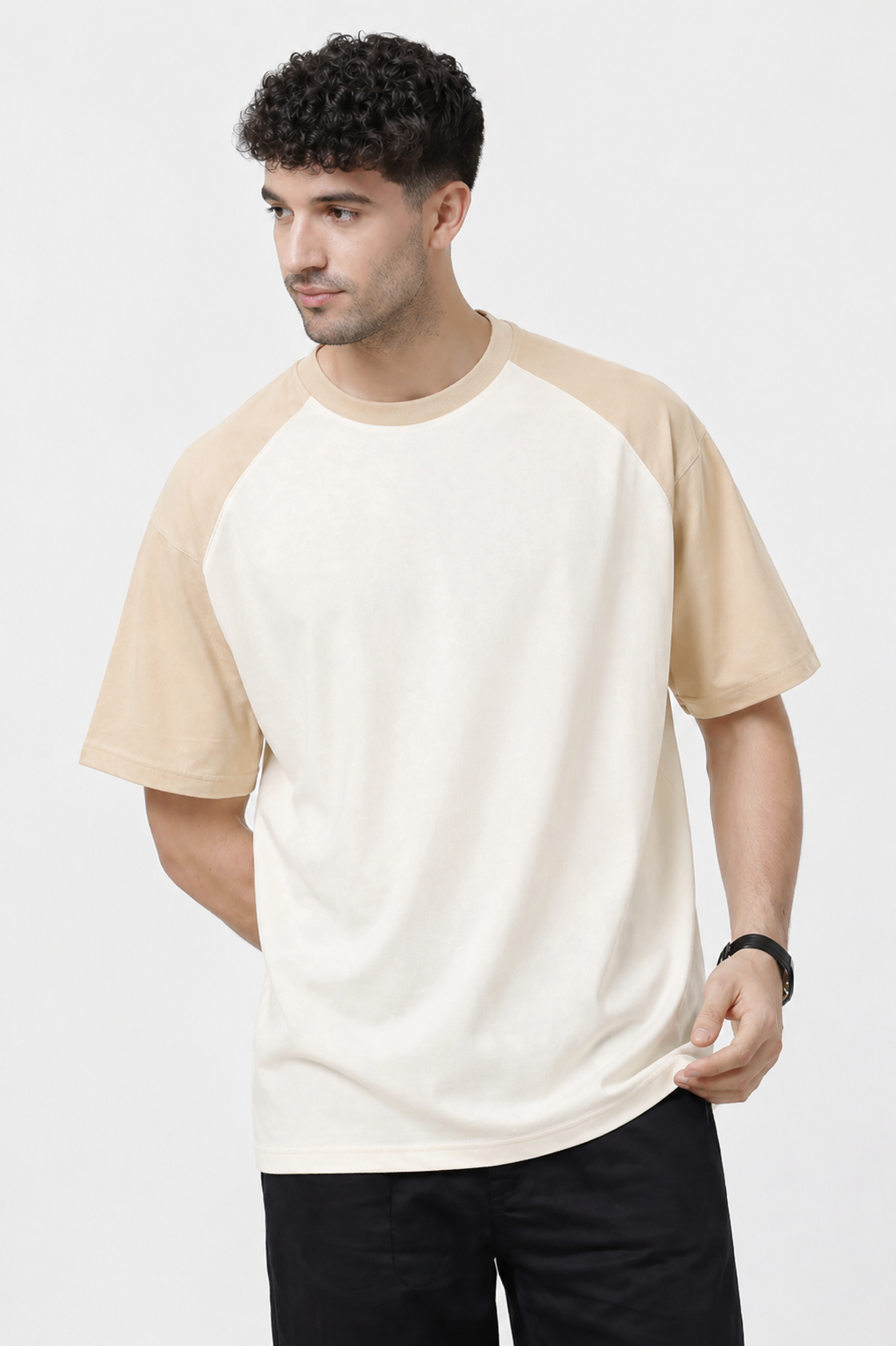 Men's Oversized Contrast Sleeve T-Shirt – Offwhite & Beige Streetwear