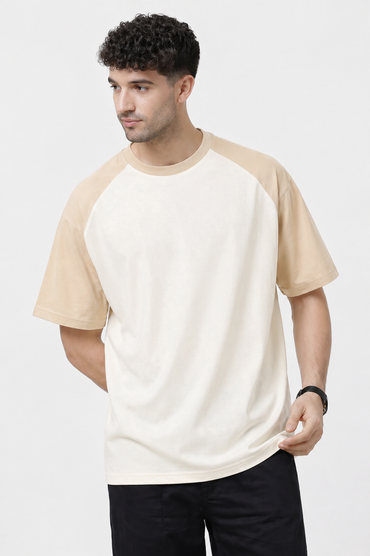 Men's Oversized Contrast Sleeve T-Shirt – Offwhite & Beige Streetwear