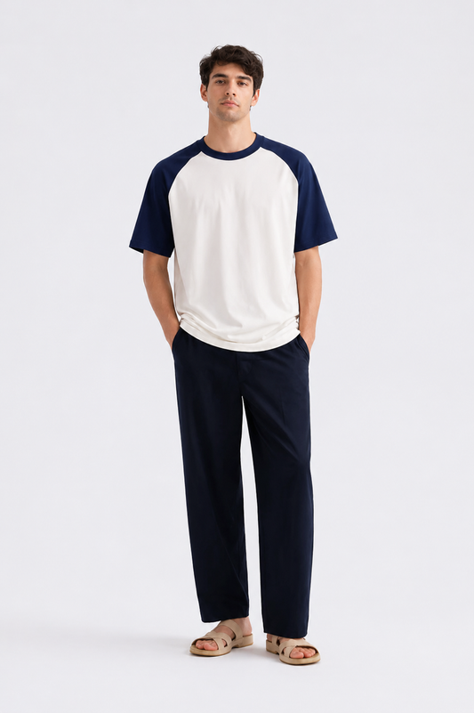 Men's Oversized Contrast Sleeve T-Shirt – Offwhite & Navy Streetwear