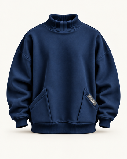 Premium Mock Neck Sweatshirt Cotton Fleece– Navy Blue