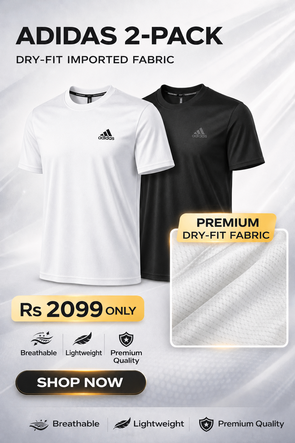 Men’s Adidas 2-Pack Tees Black/Acrya White– Imported Dry-Fit Fabric | Breathable Comfort