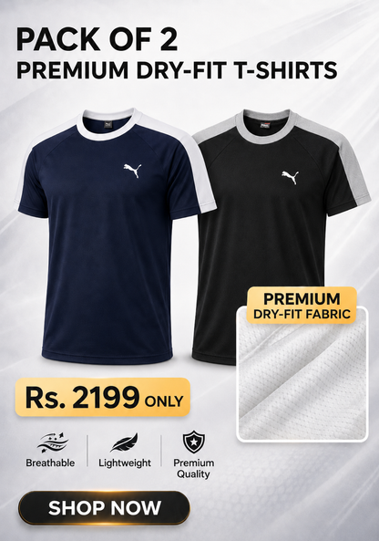 Puma Pack of 2 Premium Dry-Fit T-Shirts for Men | Breathable Gym & Sports Activewear Bundle | Quick Dry Workout Shirts