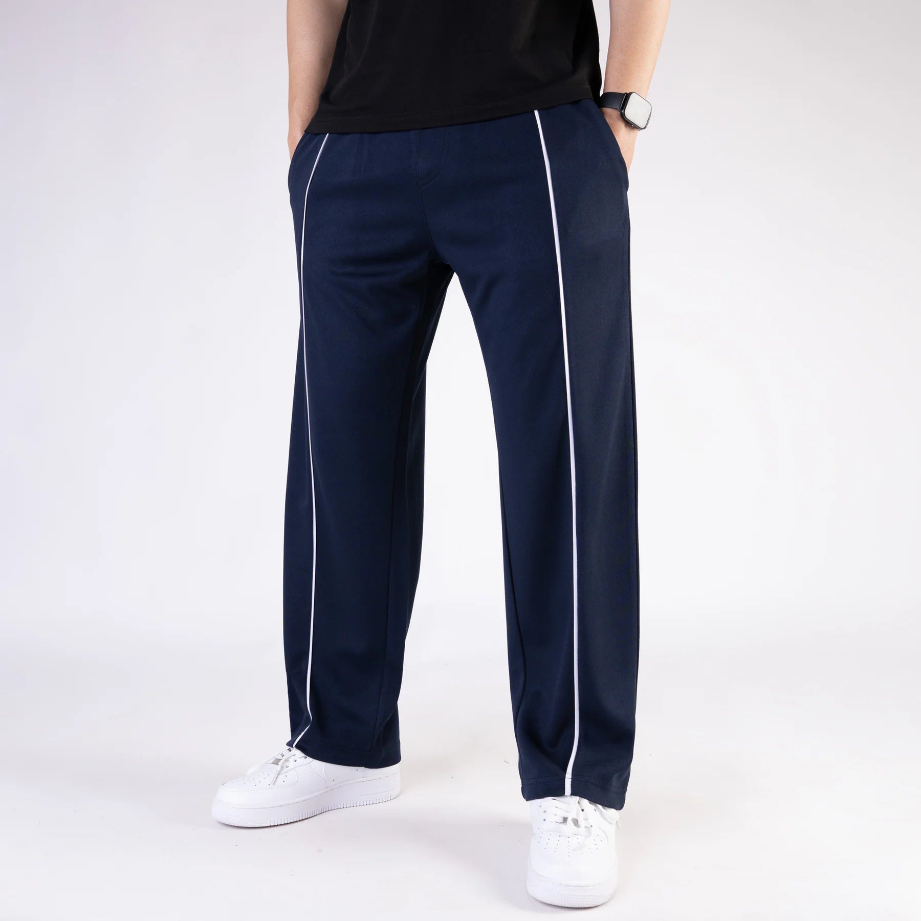 Navy Wide Leg Trouser with Front White Piping