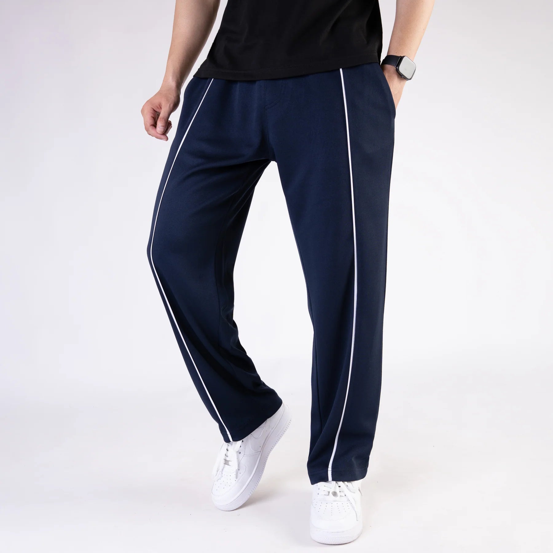 Navy Wide Leg Trouser with Front White Piping