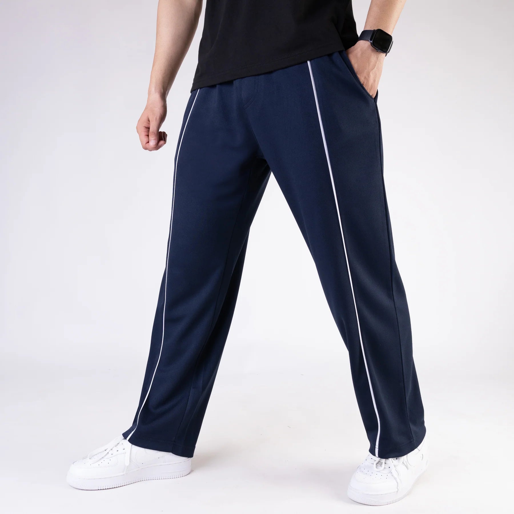 Navy Wide Leg Trouser with Front White Piping