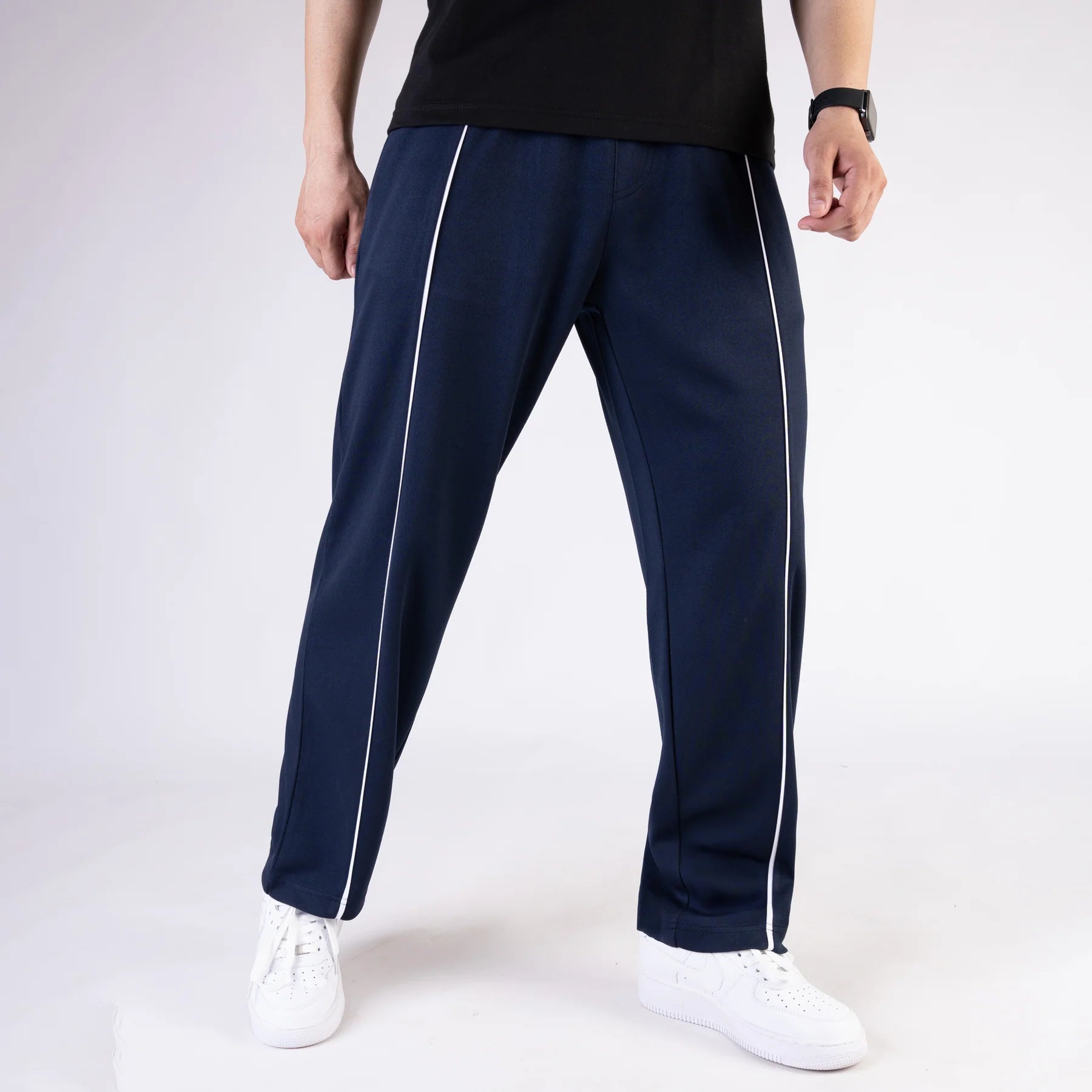 Navy Wide Leg Trouser with Front White Piping