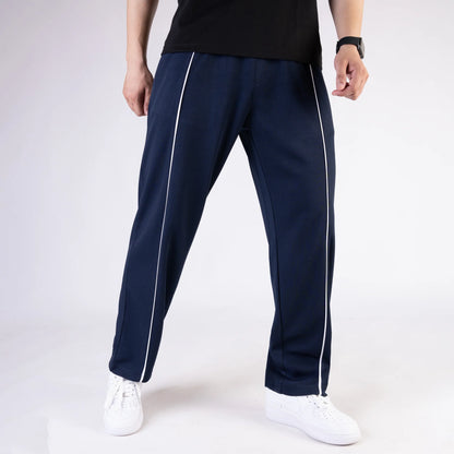 Navy Wide Leg Trouser with Front White Piping
