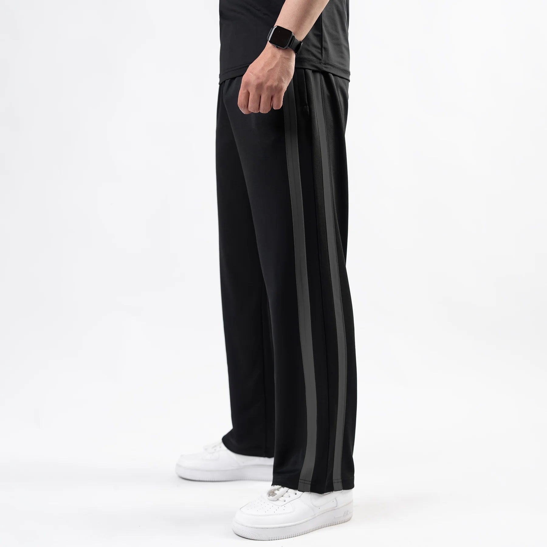 Black Wide Leg Trouser with Bold Gray Stripes