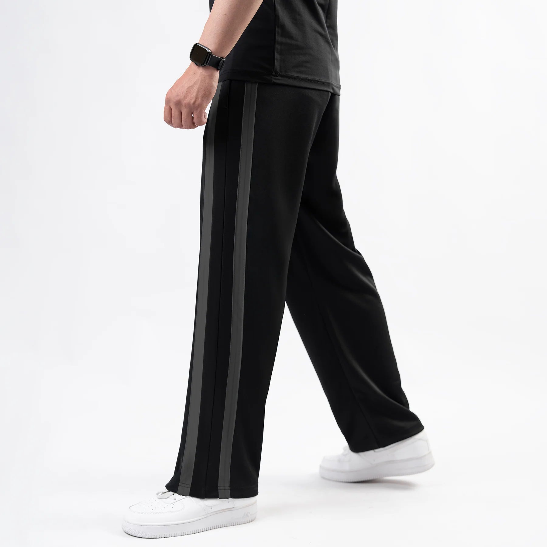 Black Wide Leg Trouser with Bold Gray Stripes