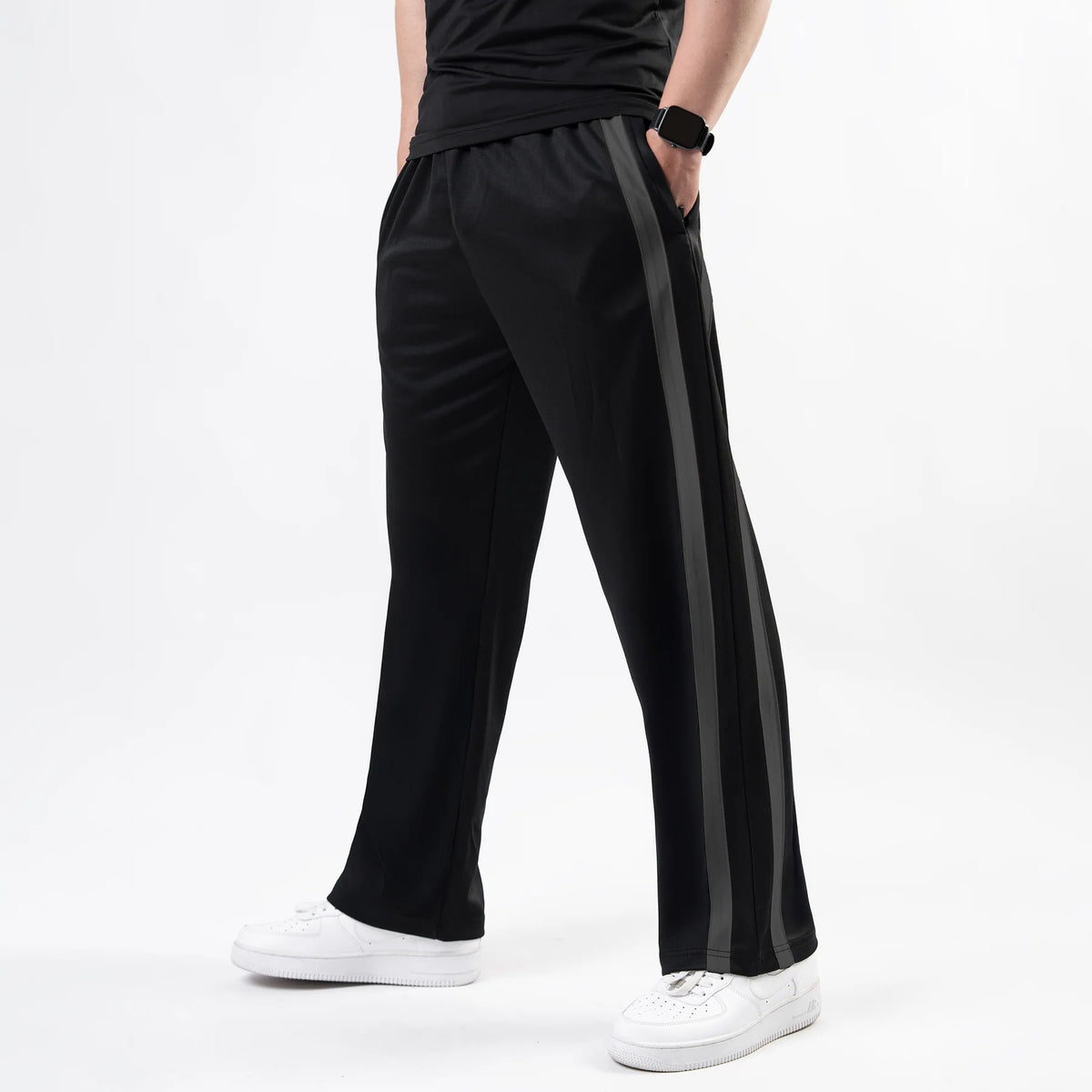 Black Wide Leg Trouser with Bold Gray Stripes