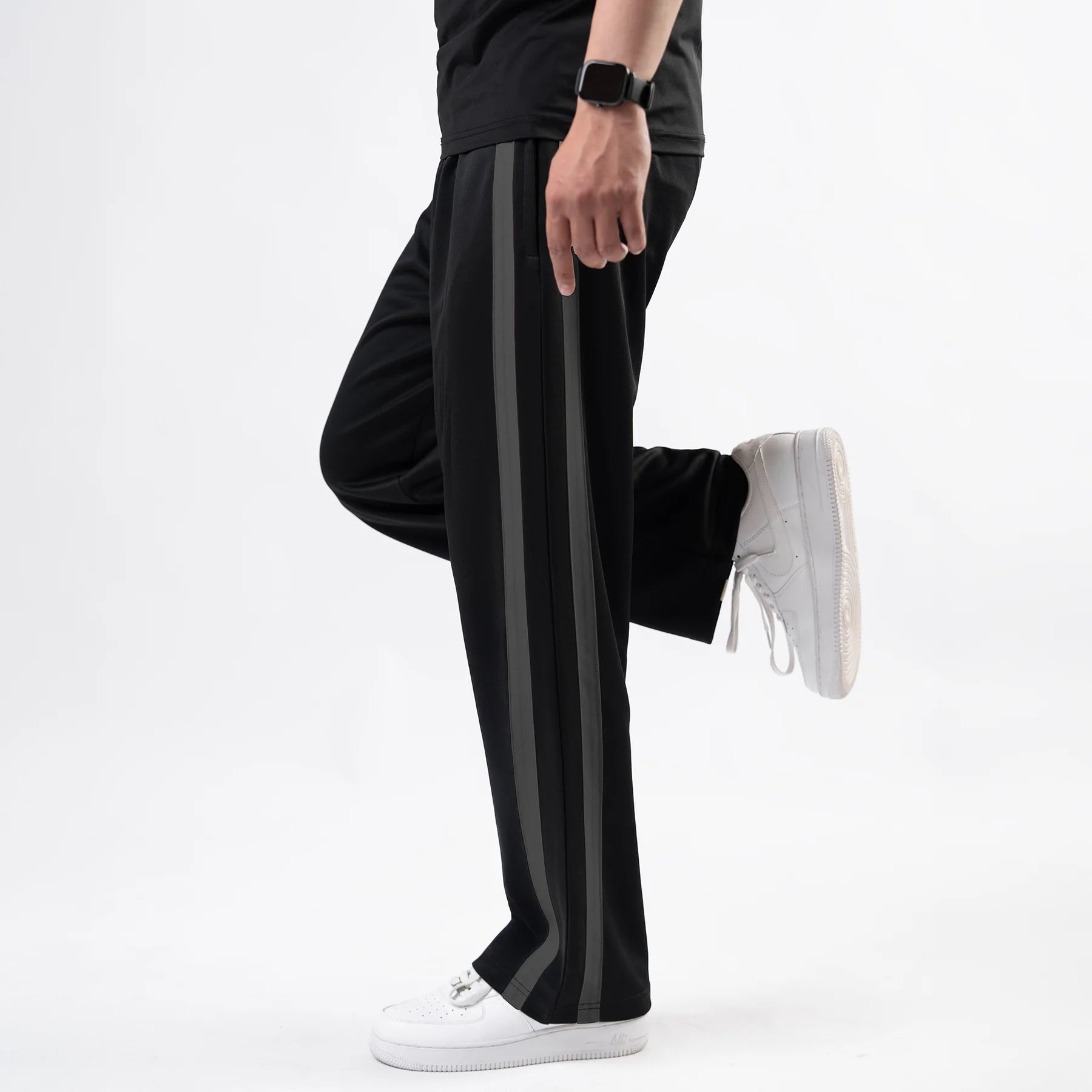 Black Wide Leg Trouser with Bold Gray Stripes