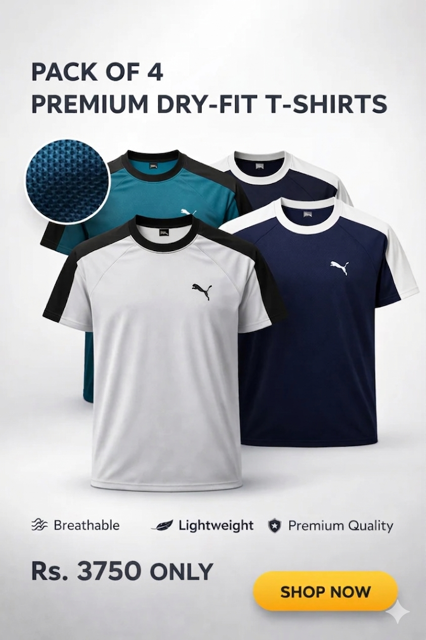 Puma Pack of 4 Premium Dry-Fit T-Shirts for Men | Breathable Gym & Sports Activewear Bundle | Quick Dry Workout Shirts