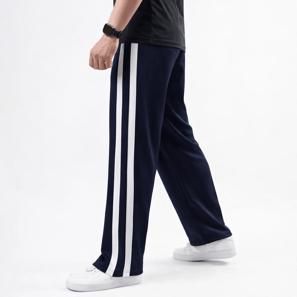 Navy Wide Leg Trouser with Bold White Stripes