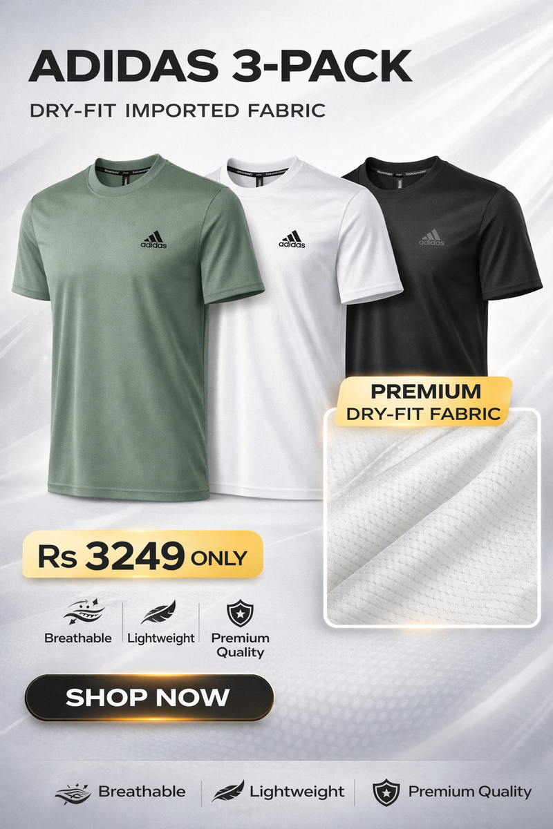 Three Adidas shirts in green, white, and black with promotional text on a light gray background.