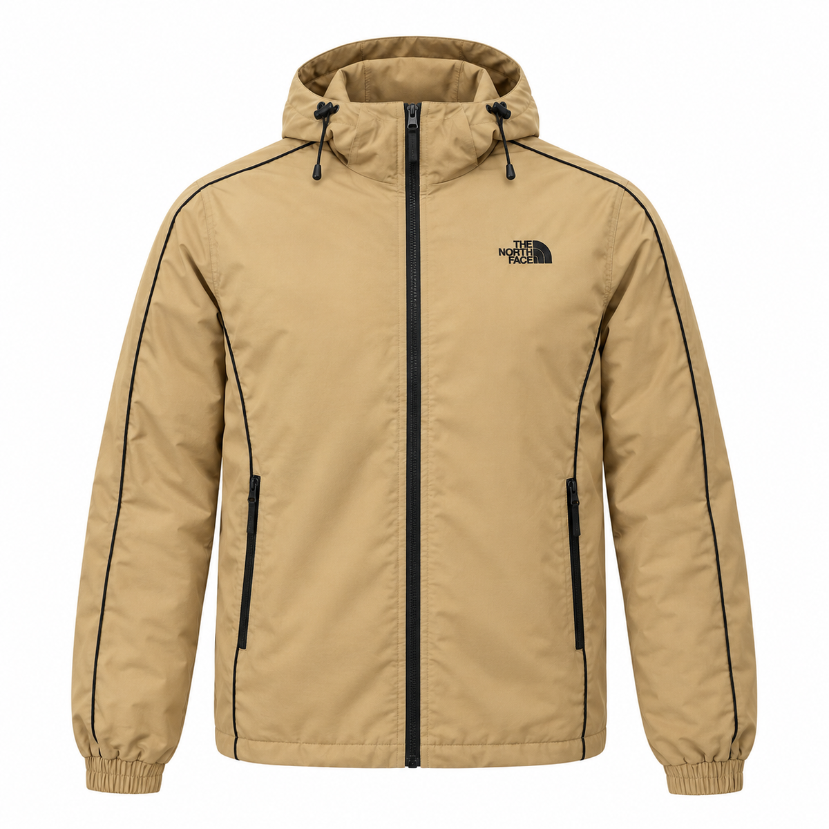 Men’s Tan Hooded Jacket with Black Piping – Full-Zip Casual Windbreaker