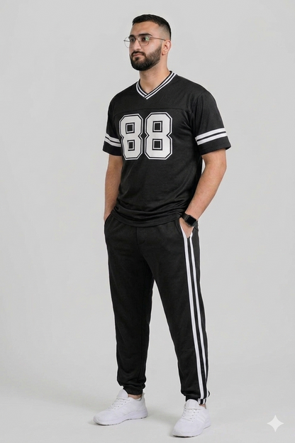 88 Printed Mesh Summer T Shirt - Black with White Stripes