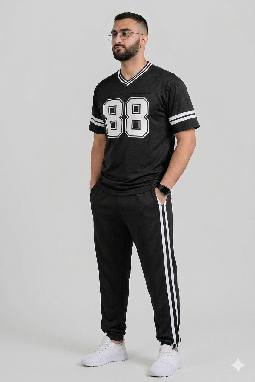 88 Printed Mesh Summer T Shirt - Black with White Stripes