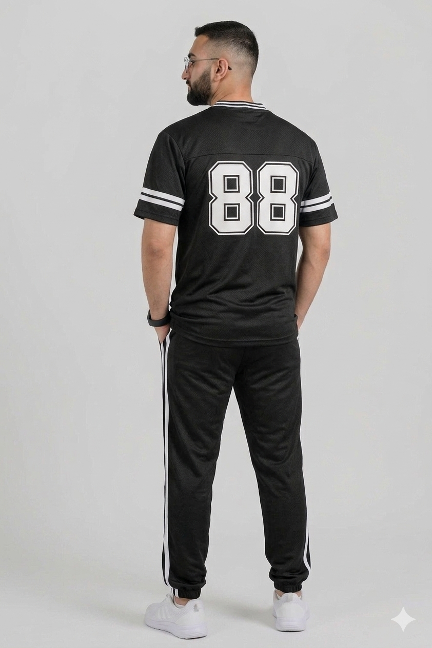 88 Printed Mesh Summer T Shirt - Black with White Stripes