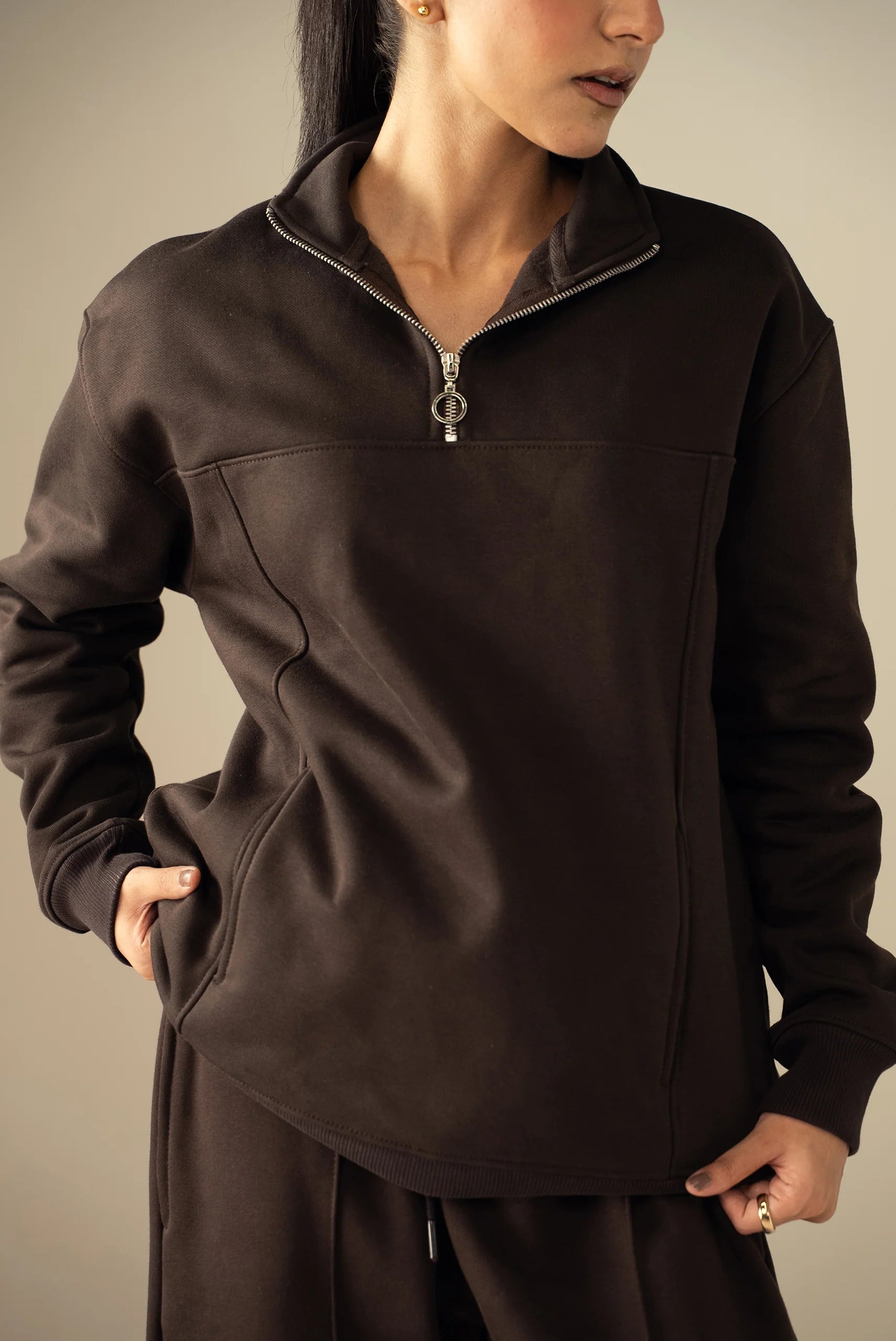 Quarter Zipper Sweatshirt-Brown image 1